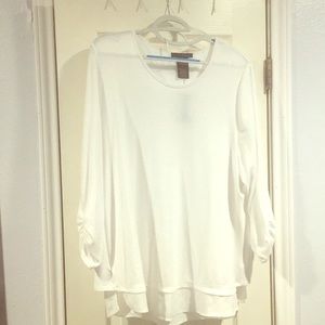 White sweater with ruched sleeves
